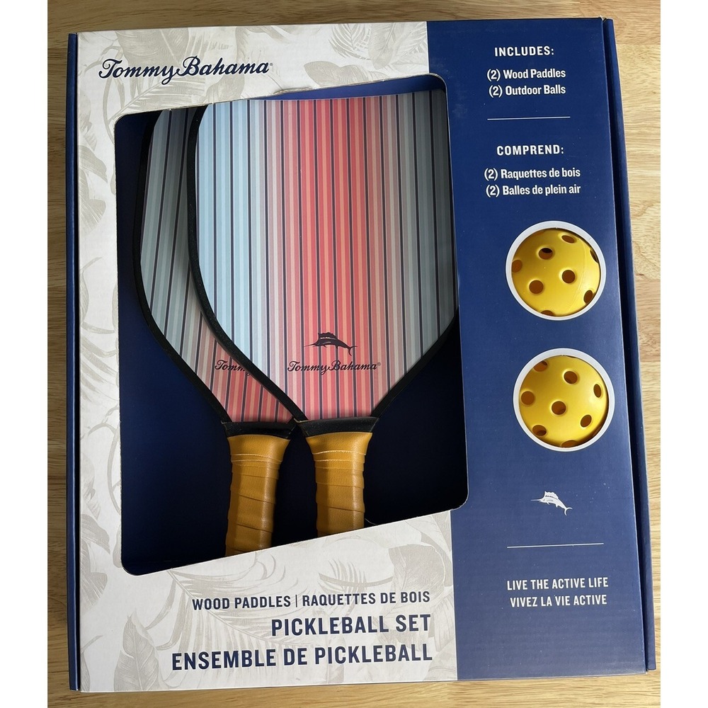 NEW Tommy Bahama Pickleball‎ Set 2-pastel Wooden Paddles 2-Yellow Game Balls